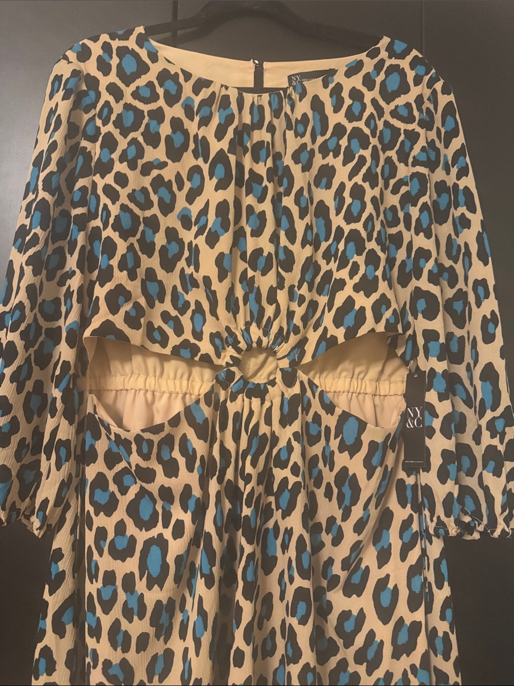 New York & Company Beige and Blue Leopard Cutout Midi Dress - Picture 2 of 4